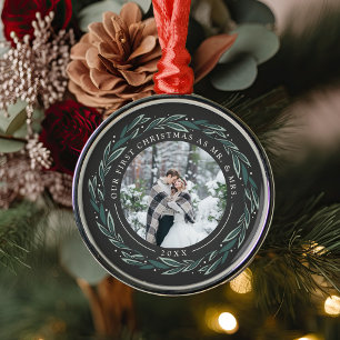 Winter Wreath   First Married Christmas Photo Metal Ornament