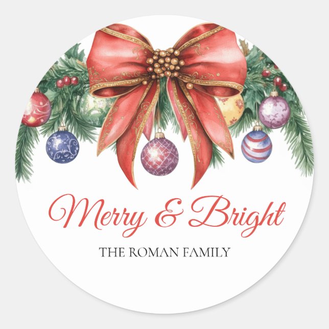 Winter Wreath Merry and Bright Holidays Classic Round Sticker (Front)