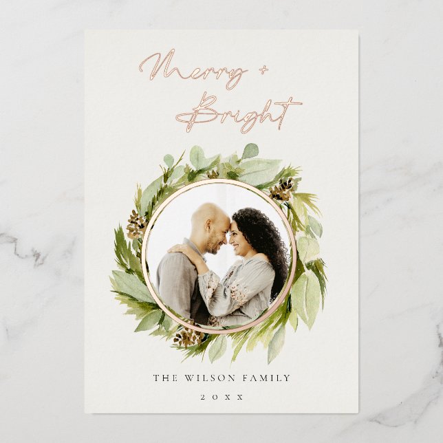 Winter Wreath Merry & Bright Photo Christmas Foil Holiday Card (Front)