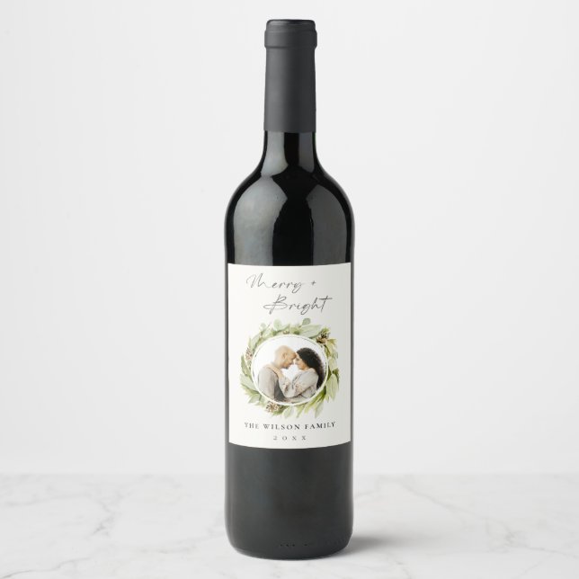 Winter Wreath Merry & Bright Photo Christmas Wine Label (Front)