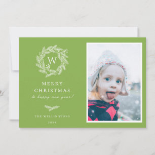 Winter Wreath Monogram Holiday Photo Card   Green