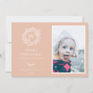 Winter Wreath Monogram Holiday Photo Card   Pink