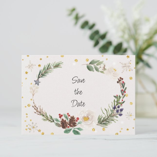 Winter Wreath of Pine Cones and Holly  Save The Date (Standing Front)