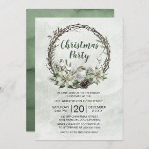 Winter Wreath Poinsettia & Bird Christmas Invitation