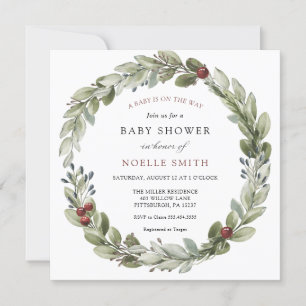 Winter Wreath with Holly Berries Baby Shower Invitation