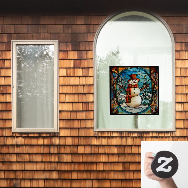 Winter Xmas Seasonal Snowman Faux Stained Glass Window Cling (Home Window)