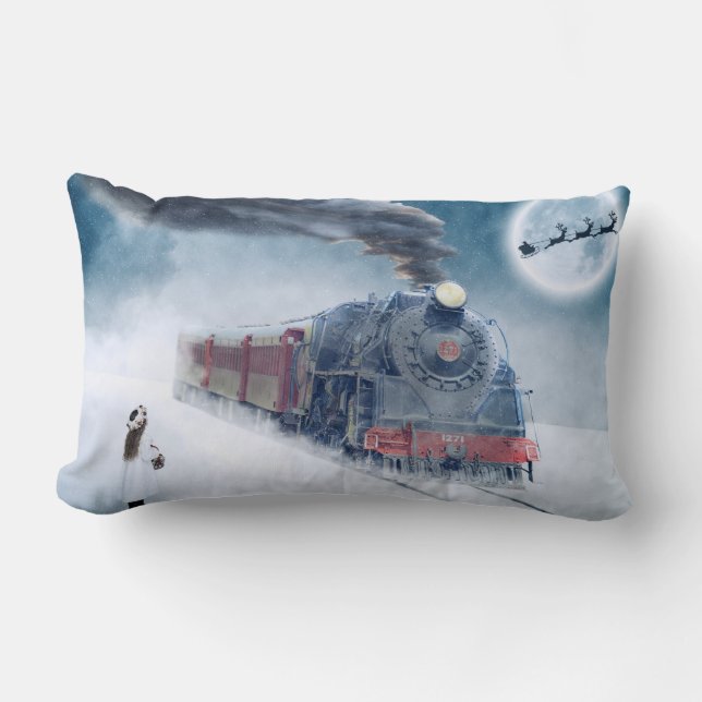Winter Xmas Train with Girl Lumbar Pillow (Front)