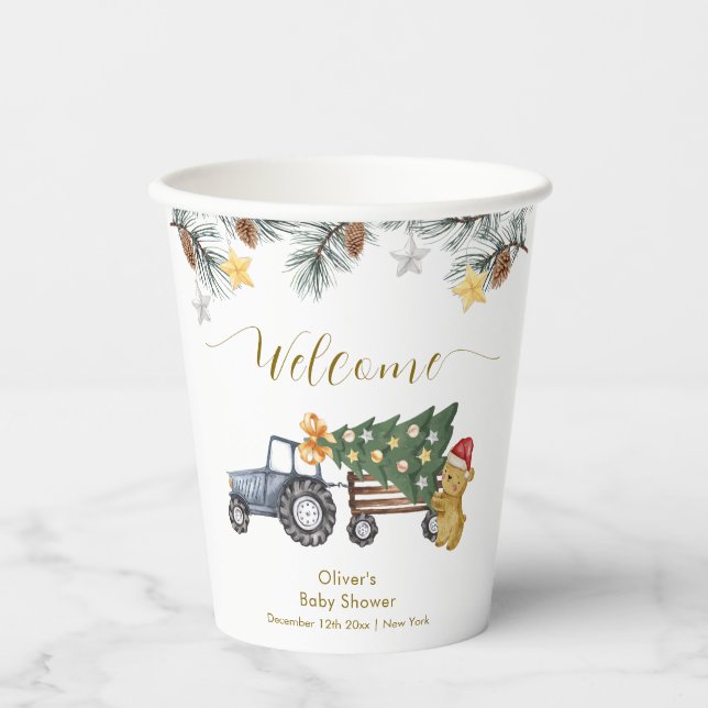 Winter X'mas Tree Tractor Bear Baby Shower Welcome Paper Cups (Front)