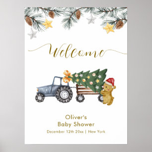 Winter X'mas Tree Tractor Bear Baby Shower Welcome Poster