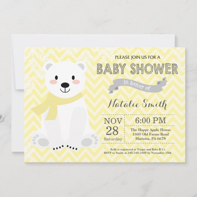 Winter Yellow Polar Bear Baby Shower Invitation (Front)