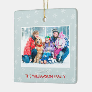 Winterberries Season's Greetings Photo on Icy Blue Ceramic Ornament