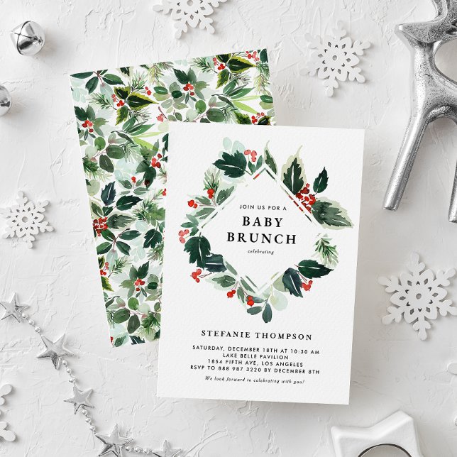 Winterberry and Holly Greenery Baby Brunch Invitation (Creator Uploaded)