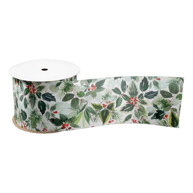 Winterberry and Variegated Foliage Christmas Satin Ribbon (Spool)