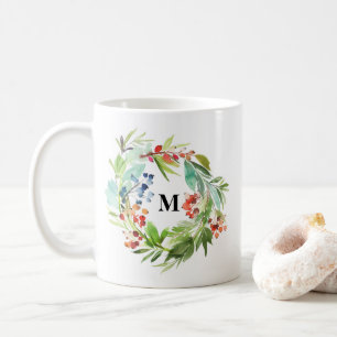 Winterberry Holly and Juniper Christmas Monogram Coffee Mug