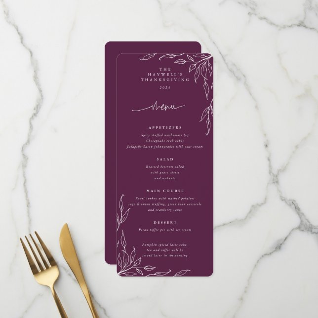 Winterberry Leaf Motif Thanksgiving Flat 4 Course Menu (Front/Back In Situ)