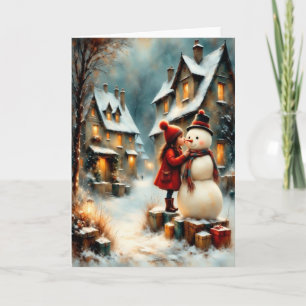 Winterliche Dorfszene mit Mädchen und Schneemann Card