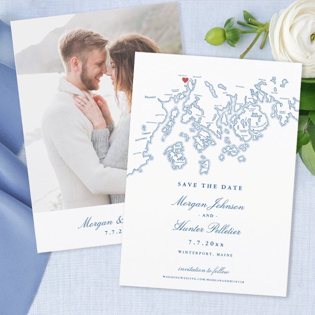 Winterport Maine Carte Marine Photo Bleue (Winterport Maine Wedding Save the Date with Photo in elegant navy blue from Coastal Map Designs)