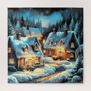 Winter's Embrace: A Snowy Village at Night Jigsaw Puzzle