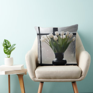 "Winter's Grace: White Tulips in a Black Vase Throw Pillow