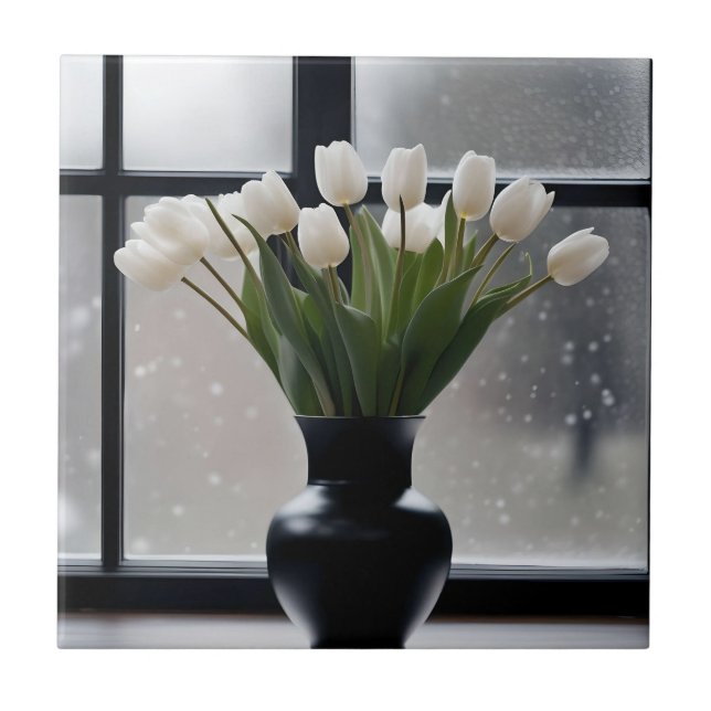 "Winter's Grace: White Tulips in a Black Vase  Tile (Front)