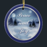 Winter's Night Ceramic Ornament<br><div class="desc">Round ceramic ornament with an image,  on both sides,  of a beautiful winter night with a luminous full moon and a starlit sky on navy blue. silver border. Customizable holiday sentiment. See matching pewter snowflake ornament. See the entire Hanukkah Ornament collection under the HOME category in the HOLIDAYS section.</div>