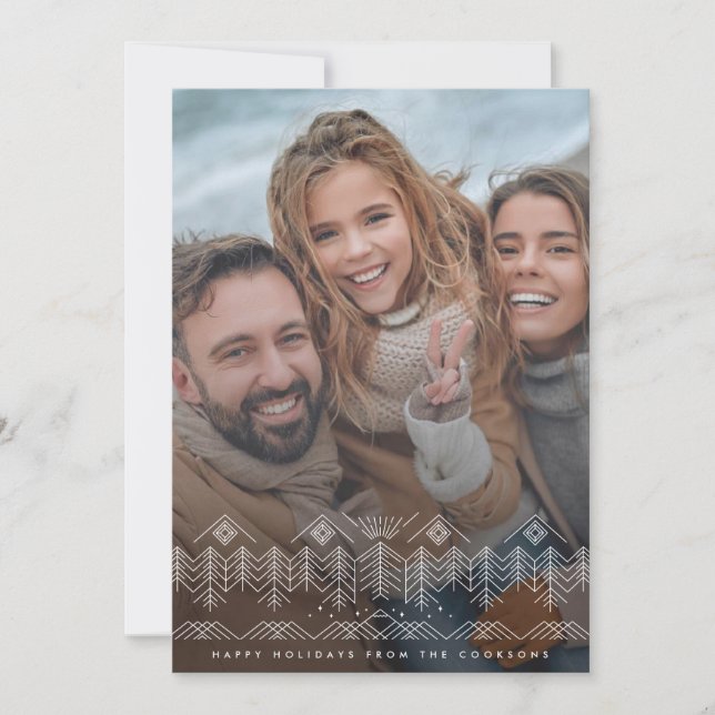 Winterscape line drawing w/trees mountains photo holiday card (Front)