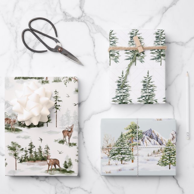 Winterscape Tree Mountains Christmas Holiday Wrapping Paper Sheet (Front)