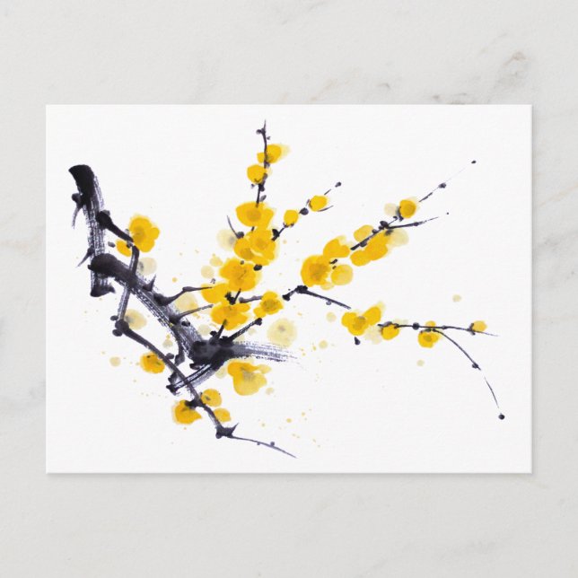 Wintersweet sumie ink and watercolor painting postcard (Front)