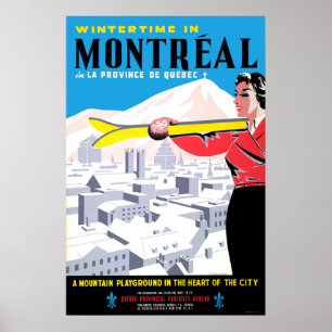 Wintertime in Montreal, woman with ski equipment Poster