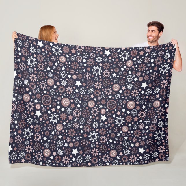 Wintertime pink gold metallic snowflakes fleece blanket (In Situ)
