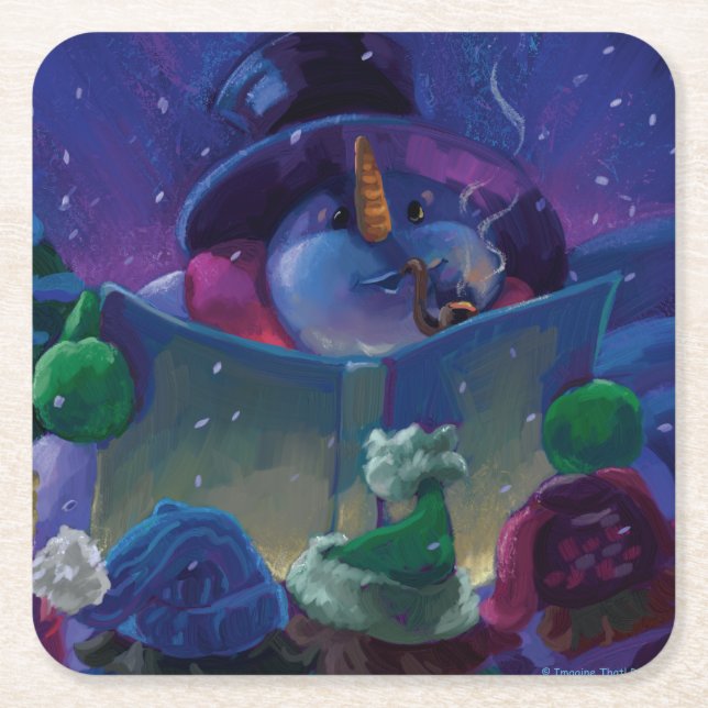Wintertime Reading Painting Square Paper Coaster (Front)