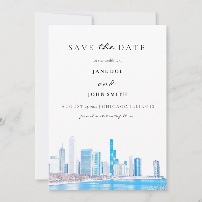 Wintery Chicago Skyline flat Save The Date Card (Front)