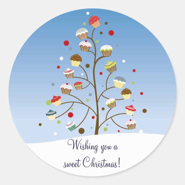 Wintery Christmas Tree of Cupcakes Classic Round Sticker (Front)
