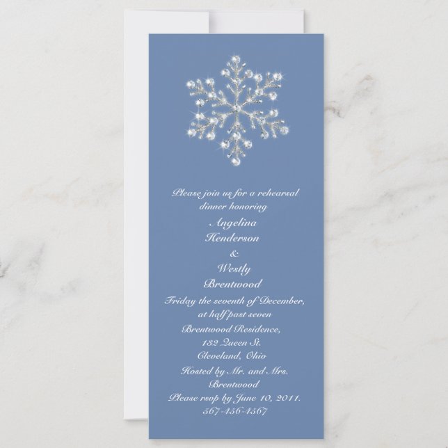 Wintery  Crystal Snowflake Rehearsal Dinner Invitation (Front)