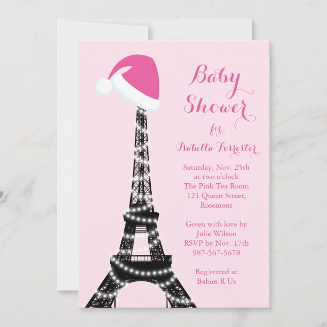 Wintery Eiffel Tower Baby Shower Invitation - pink (Front)