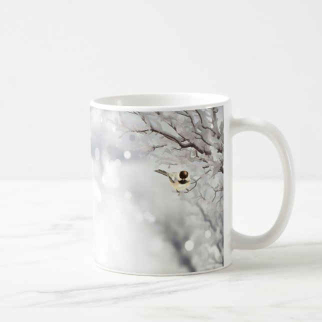 Wintery Frosty Trees Birds Grey Chickadee Coffee Mug (Right)