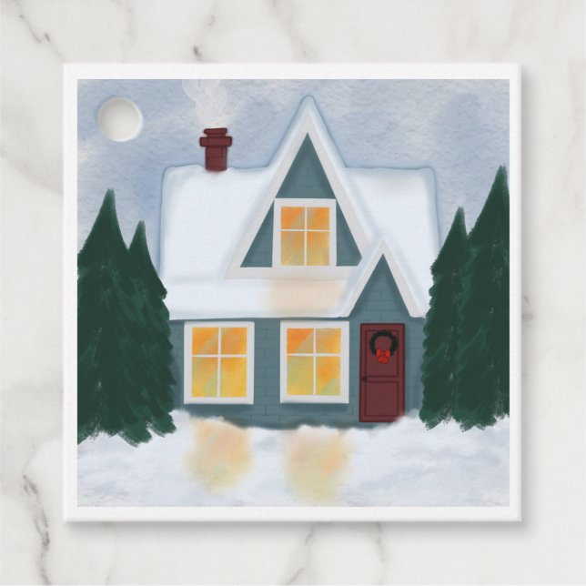 Wintery house,Christmas trees on a favour tag (Front)