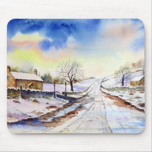 Wintery Lane Watercolor Landscape Painting Mouse Pad