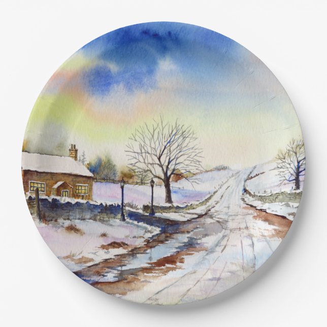 Wintery Lane Watercolor Landscape Painting Paper Plate (Front)
