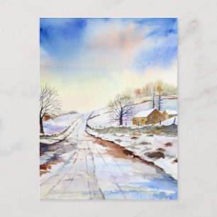 Wintery Lane Watercolor Landscape Painting Postcard