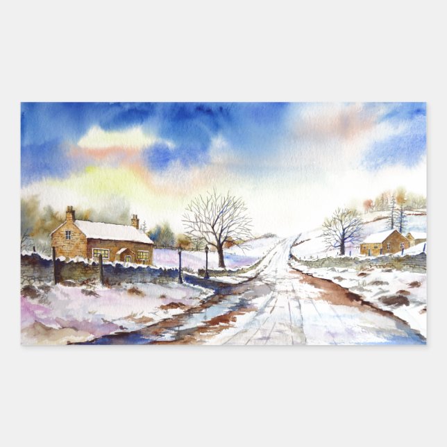 Wintery Lane Watercolor Landscape Painting Sticker (Front)