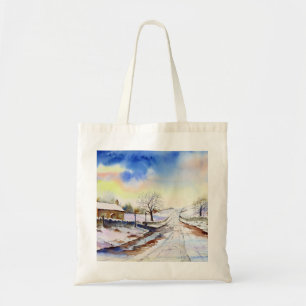 Wintery Lane Watercolor Landscape Painting Tote Bag
