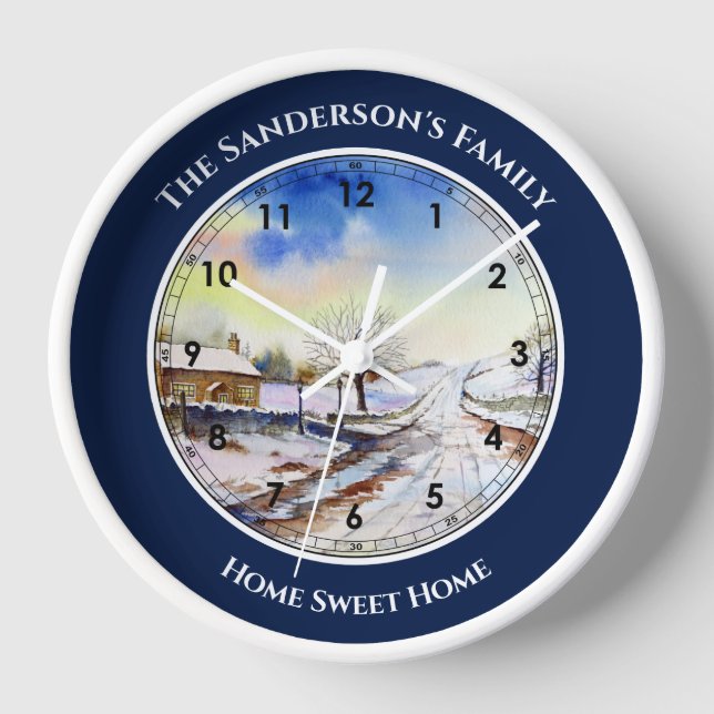 Wintery Lane Watercolor with Roman Numbers Large C Clock (Front)