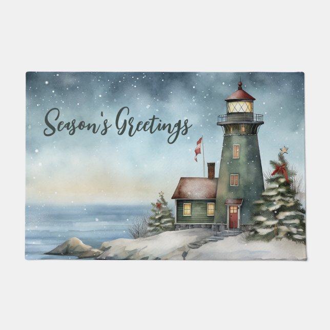 Wintery Lighthouse Season's Greetings Christmas Doormat (Front)