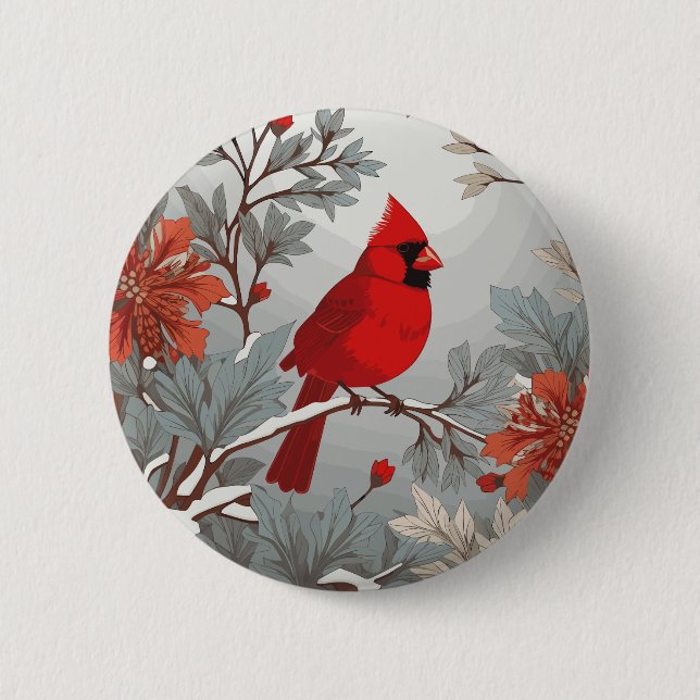 Wintery Red Cardinal Bird  2 Inch Round Button (Front)