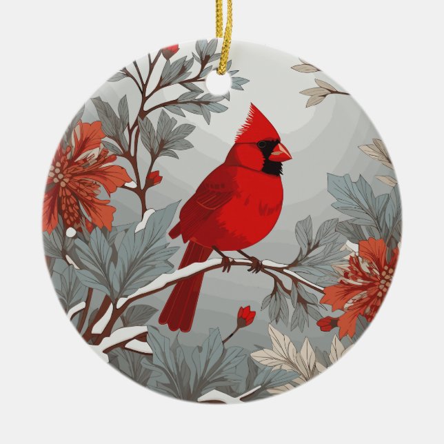 Wintery Red Cardinal Bird  Ceramic Ornament (Front)