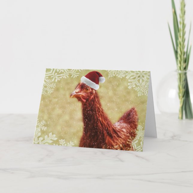Wintery Snowflake Santa Hat Chicken Holiday Card (Front)