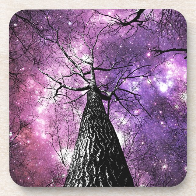 Wintry Trees Purple Pink Galaxy Skies Coaster (Front)