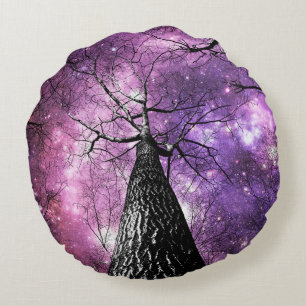 Wintry Trees Purple Pink Galaxy Skies Round Pillow