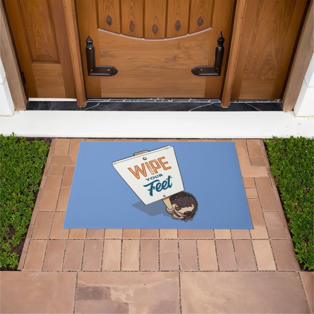 Wipe Your Feet Funny Hedgehog Picket Sign Cartoon Doormat (Outdoor)